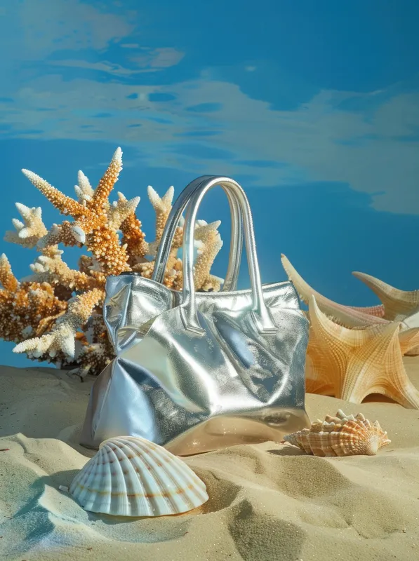 Морские ракушки, морская звезда и кошелек на песчаном пляже с голубым небом