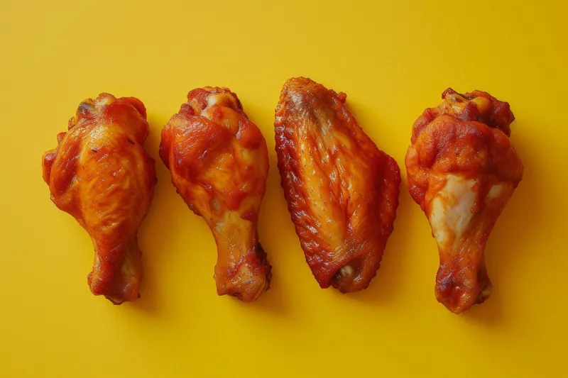 Пять аппетитных куриных крылышек с надписью «chicken» на ярком желтом фоне
