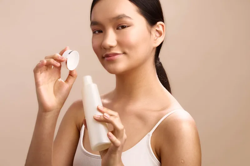 asian woman carefully holds a cosmetic bottle and lid in a clean, soft setting, showcasing a skincare routine. she appears calm and confident, creating a serene and modern beauty moment in daily life.