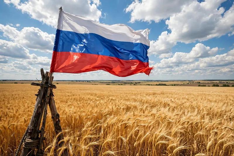 Российский флаг развевается над золотым пшеничным полем