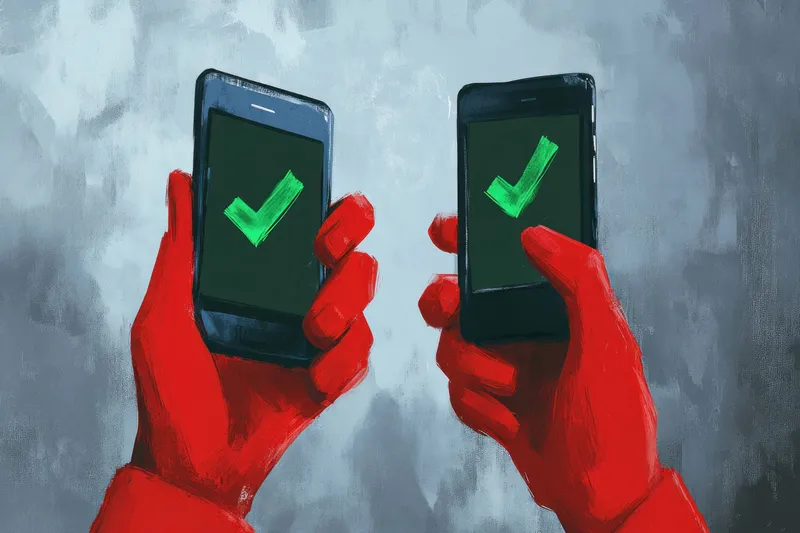 Яркое изображение двух рук, держащих смартфоны с зелеными галочками на экранах, символизирующее подтверждение и цифровую коммуникацию в современном контексте