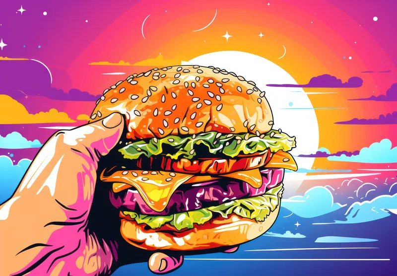 Вкусный бургер с сыром: аппетитная иллюстрация американского фастфуда на ретро-фоне