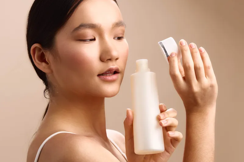 asian woman applies moisturizer from a bottle with a pump in a soft, well lit setting, showcasing a skincare routine, focus, and a calm, confident expression.