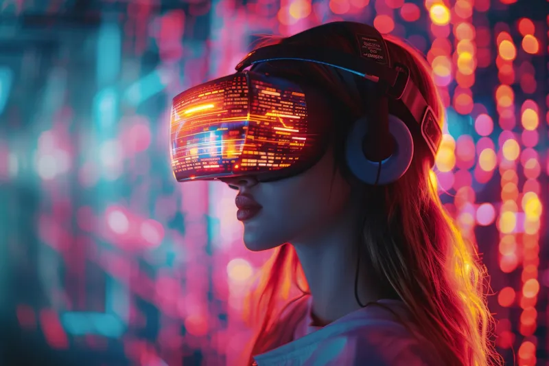 Погружение в виртуальную реальность: женщина в VR-шлеме на фоне ярких огней и неонового свечения