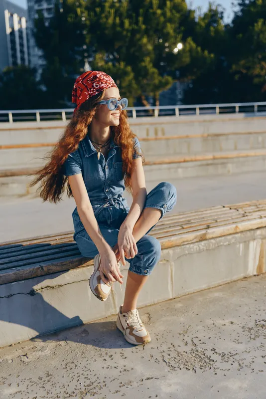 lifestyle woman in modern boho-western denim street style sitting outdoors in warm sunlight with vibrant film color tones, relaxed pose, casual fashion vibe