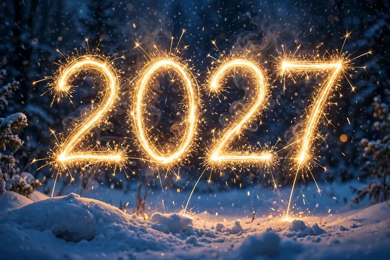 Цифры 2027 из искр бенгальских огней в заснеженном зимнем лесу