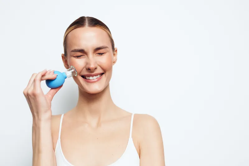 Young woman with closed eyes uses facial cleansing brush on cheek, smiles gently, enjoys skincare routine, isolated on white background for beauty concept.