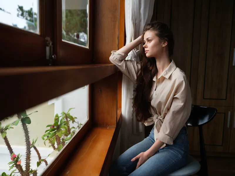 Женщина в депрессии сидит у окна и смотрит на природу, дождливая погода и уныние, домашний образ жизни, одиночество