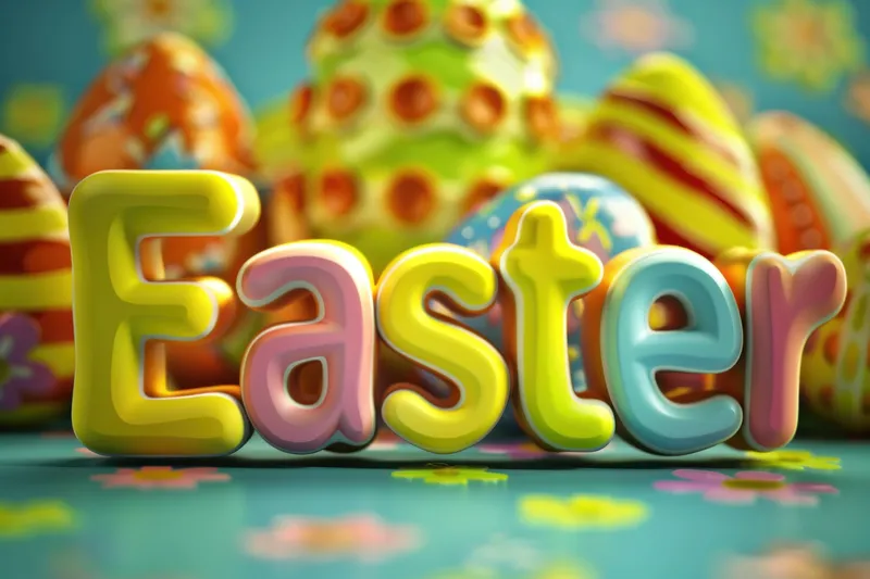 3D-слово Easter с разноцветными яйцами на синем фоне
