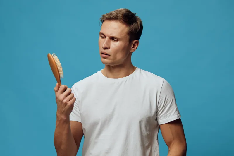 Man looking at hairbrush with puzzled expression, casual white t-shirt, short hairstyle, isolated on blue background, studio shot, people emotion, grooming concept