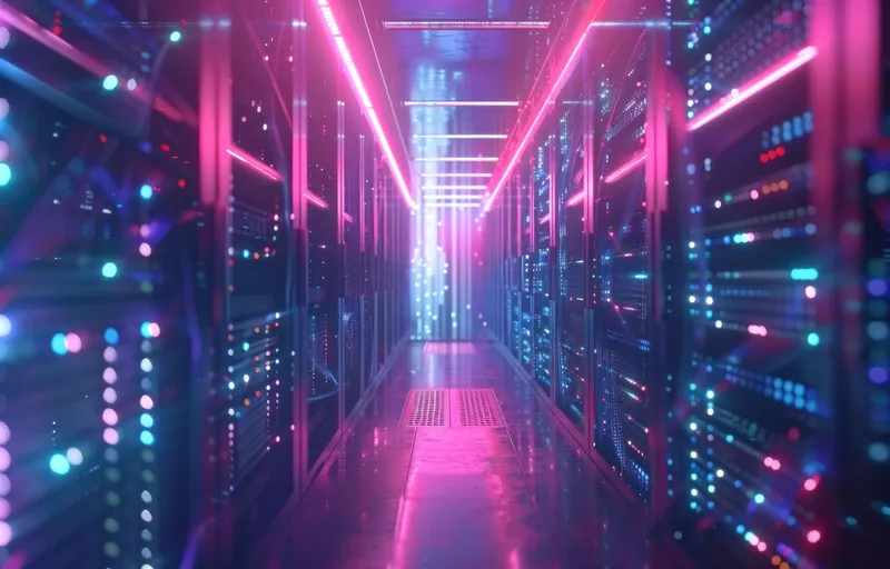 Высокотехнологичная серверная комната, освещённая разноцветными неоновыми огнями, отражающая элегантную цифровую среду