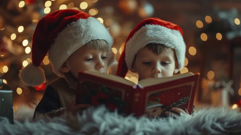 Двое детей в шапках Санты читают книгу перед рождественской елкой, царит праздничная атмосфера