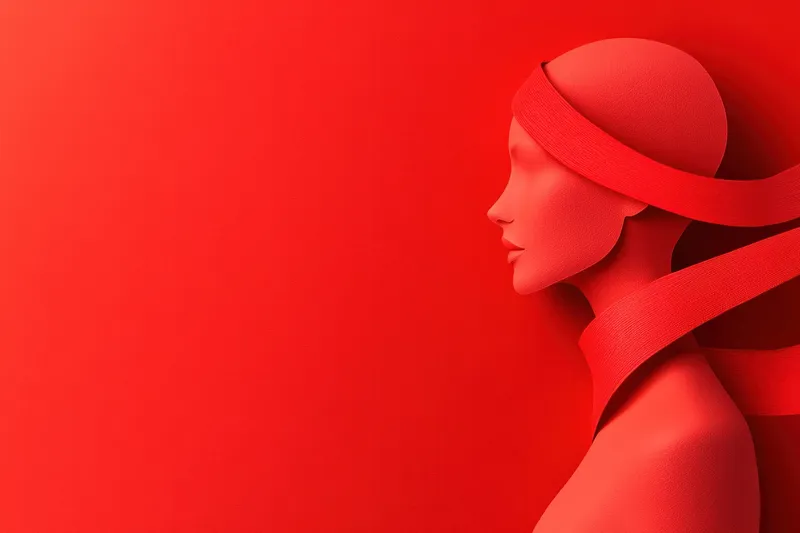 Стильная абстрактная скульптура женского силуэта с развевающимися лентами, символизирующая женственность и креативность на ярком красном фоне