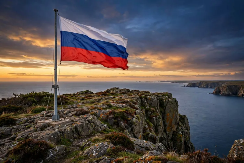 Российский флаг развевается на скалистом берегу над морем на закате