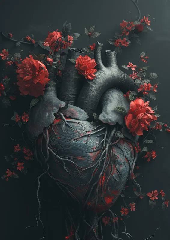 Красивое сердце, окруженное цветами и виноградными лозами, со словами "Heart" и "Love" на темном фоне