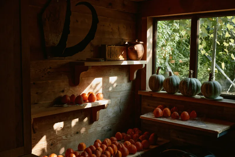 Pumpkins and gourds line shelves in a rustic wooden room, sunlight pours through the window, creating warm autumn tones for harvest, storage and traditional farming scene, cozy ambience and natural