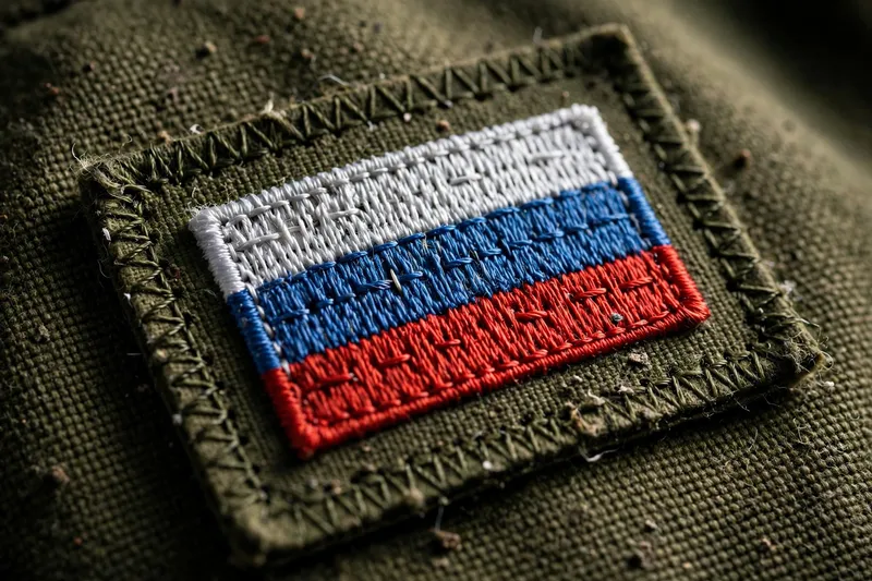 Вышитый шеврон с флагом России на оливковой ткани