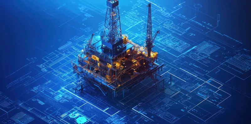 Захватывающее цифровое изображение морской нефтяной платформы в окружении чертежей, подчеркивающее инженерные тонкости и достижения в энергетическом секторе