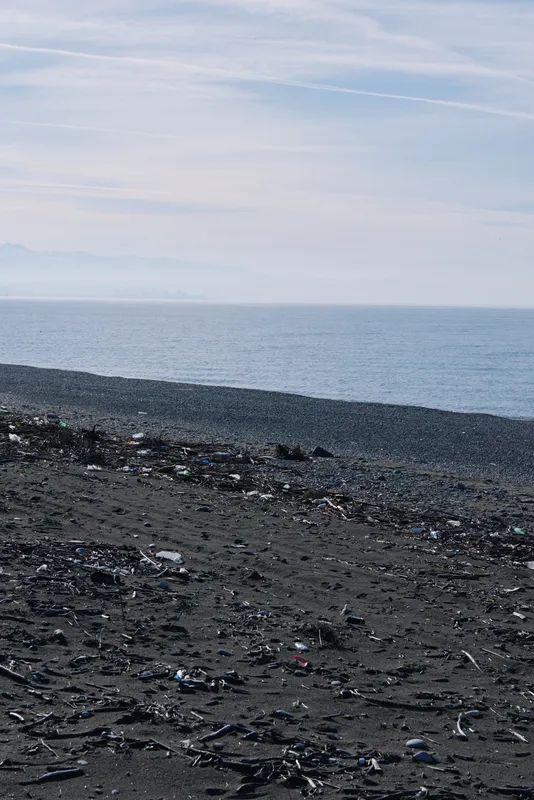 Dark sand beach with calm sea and clear horizon, pebbled shoreline and scattered debris, tranquil coast under soft skies, suitable for nature, travel or contemplative moments.