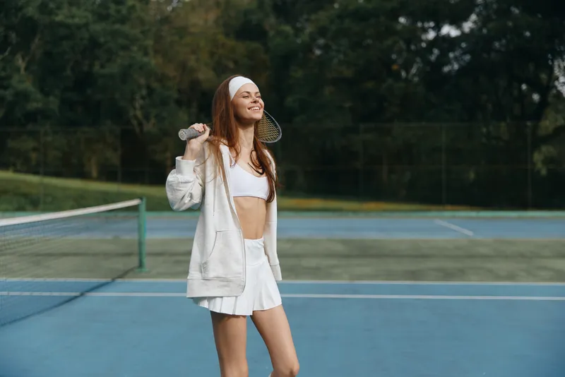 Young female tennis player in white sportswear smiling on a tennis court, showcasing athleticism and joy during outdoor sports activity in summer