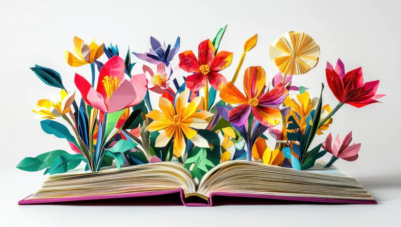 Художественная книга-панорама с множеством красочных бумажных цветов, олицетворяющих творчество, воображение и красоту весны