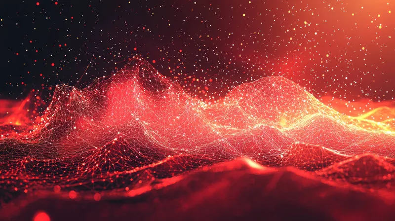 Этот абстрактный цифровой пейзаж изображает яркие красные и оранжевые волны со светящимся эффектом, символизируя поток данных и технологии