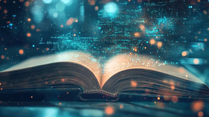 Открытая книга, освещенная цифровыми данными, символизирует слияние традиционных знаний с современными технологиями, создавая визуально вдохновляющий опыт чтения, полный инноваций