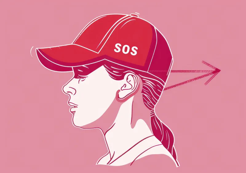 Модная иллюстрация женщины в бейсболке с надписью SOS для стильного приключения на открытом воздухе