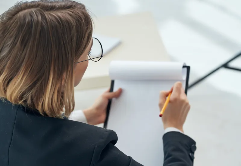 Женщина в очках с документами и резюме работает в офисе
