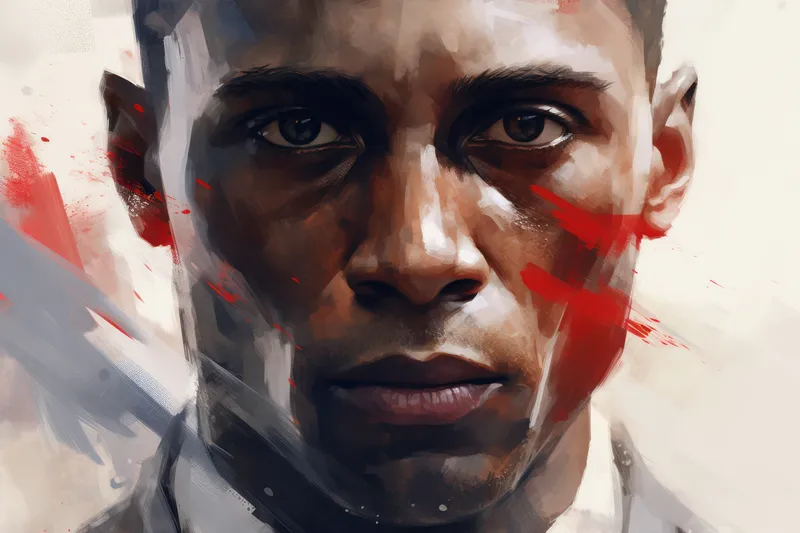 Выразительный портрет мужчины с серьезным взглядом, символическая иллюстрация красивого исторического персонажа в стиле гравюры на фоне грязно-белого граффити