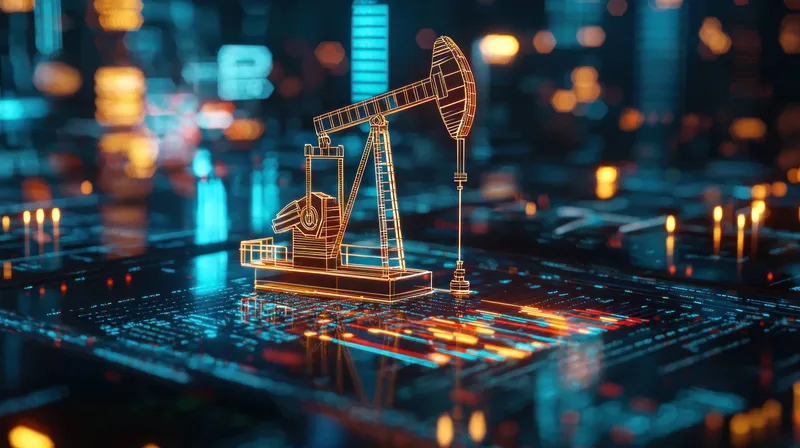 3D-иллюстрация цифровой нефтяной качалки, светящейся неоновыми цветами на фоне узоров печатных плат