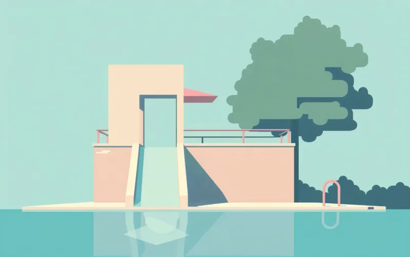 Современное здание с бассейном в окружении пышного дерева, создающее успокаивающую атмосферу