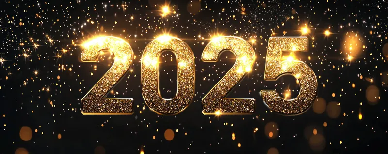 Яркая и эффектная надпись 2025 с мерцающим эффектом создает праздничную атмосферу