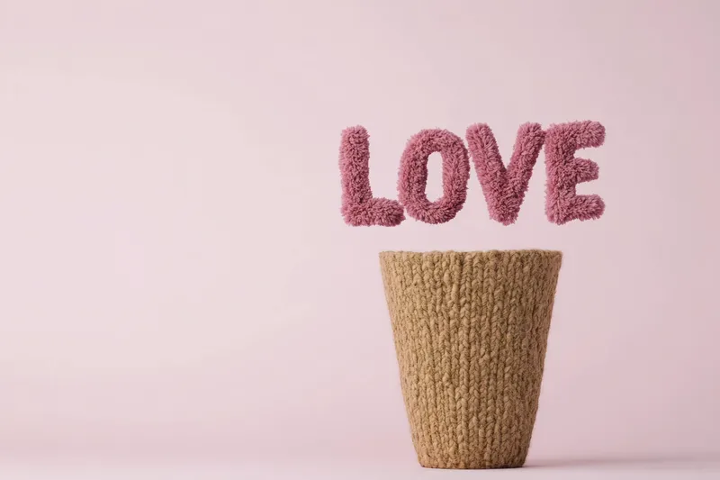 Современный декоративный кашпо с розовой пушистой надписью LOVE, идеально подходящий для домашнего декора и романтической обстановки