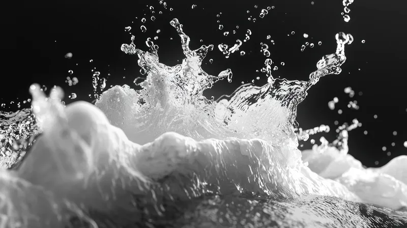 Художественное черно-белое изображение водяных брызг, демонстрирующее движение жидкости, текстуры и контрасты