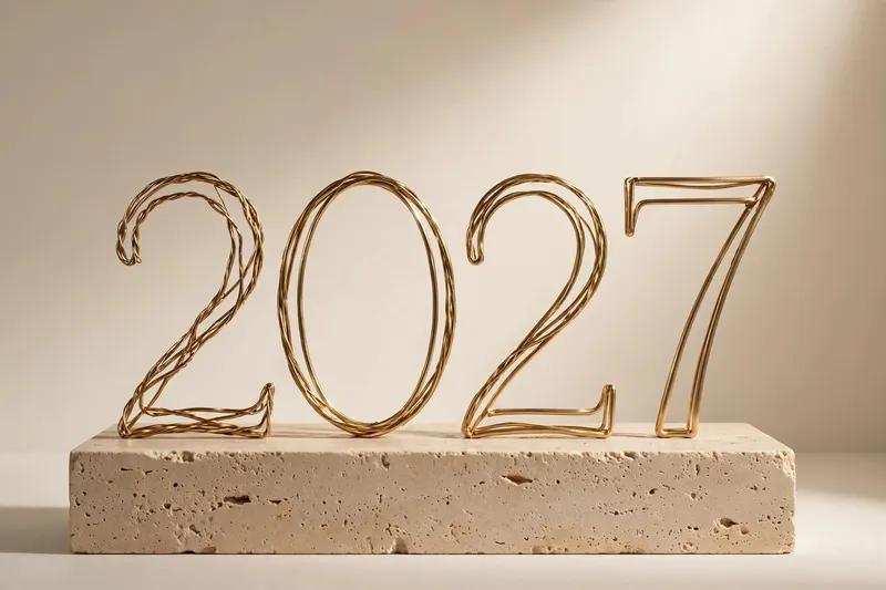 Золотые цифры 2027 из проволоки на бетонном постаменте
