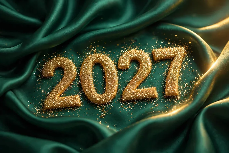 Золотые цифры 2027 с блёстками на изумрудной ткани