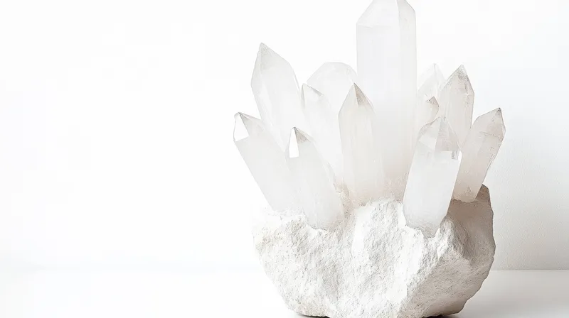Красивые кристаллы чистого кварца элегантно расположены на яркой белой поверхности, подчеркивая их прозрачность и естественное образование