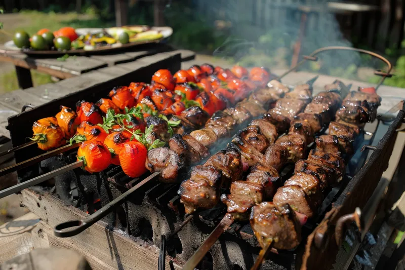 Сочное мясо и разноцветные овощи, жарящиеся на гриле, создающие восхитительный аромат