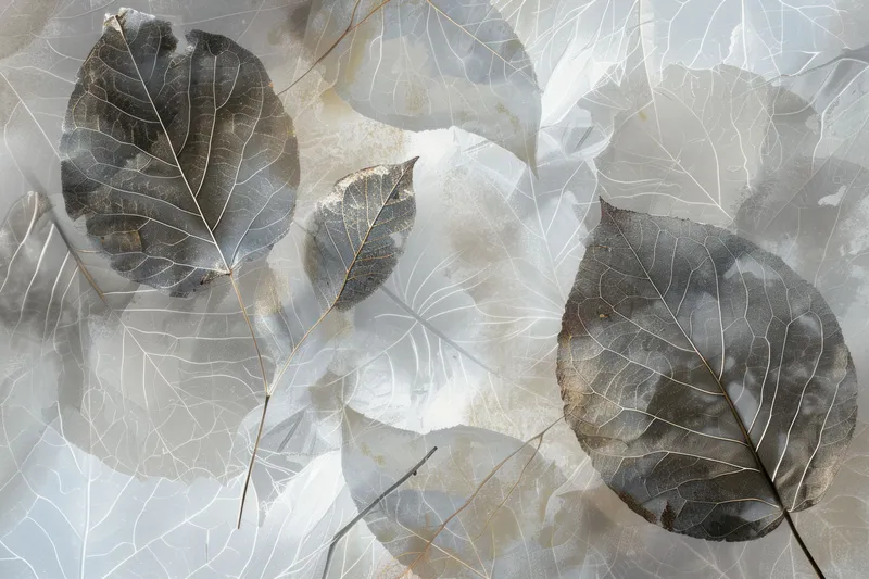Художественная композиция из полупрозрачных листьев на мягком, размытом фоне, вызывающая ощущение изящества природы