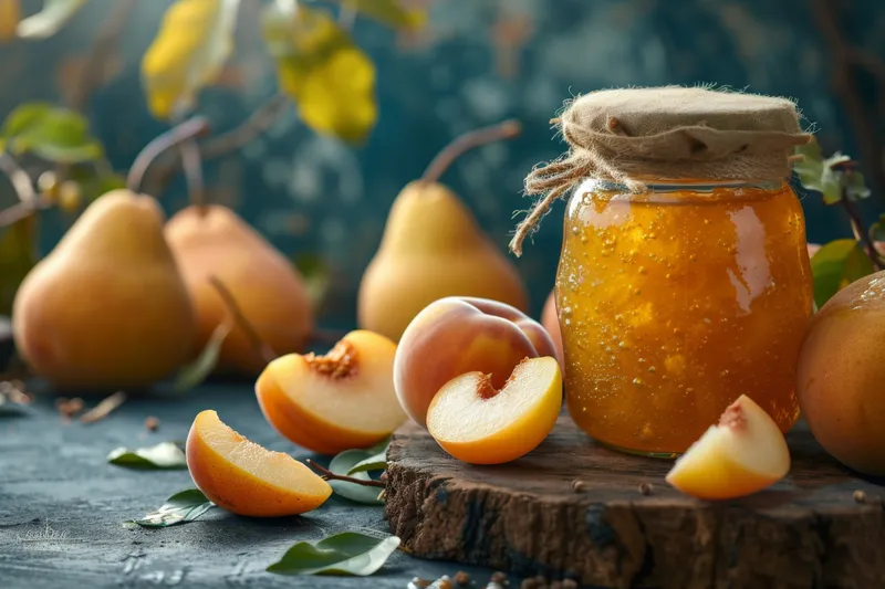Вкусное варенье из персиков и абрикосов в стеклянной банке на деревянном столе в деревенском стиле, идеально подходящее для завтрака или перекуса
