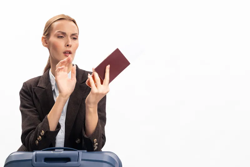 Confused woman in dark jacket holds passport and looks puzzled while standing behind blue suitcase on white background. Concept of travel uncertainty, documentation issues, and trip planning.