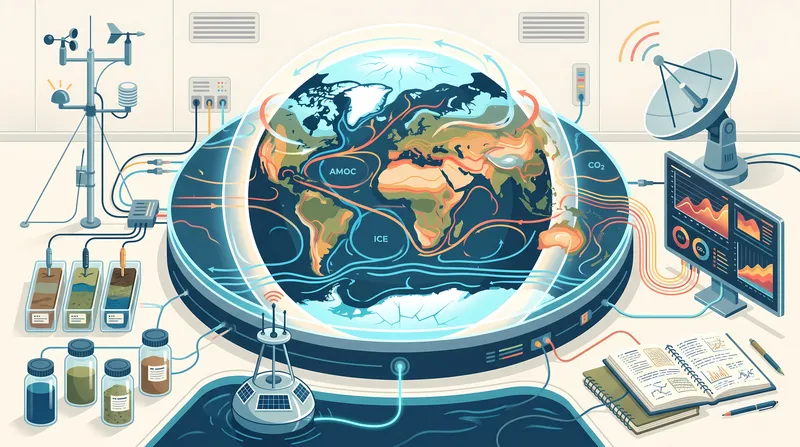 Современная плоская иллюстрация инструментов для исследования климата, окружающих карту данных Земли с океанскими течениями, льдом, образцами, датчиками и мониторинговыми экранами