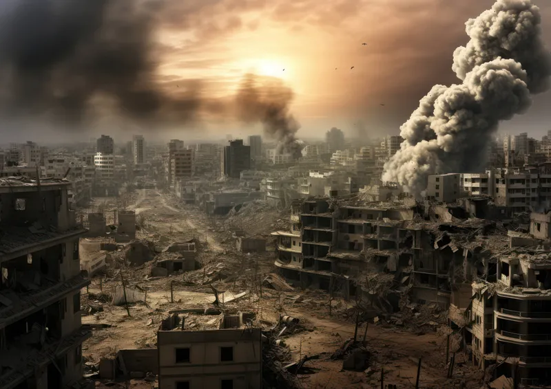 Разрушенное здание, оружейная атака, уничтожение, апокалипсис, военные действия, битва, война, поле боя, дым, руины, город, апокалиптический солдат, фон, заброшенный фон, улица