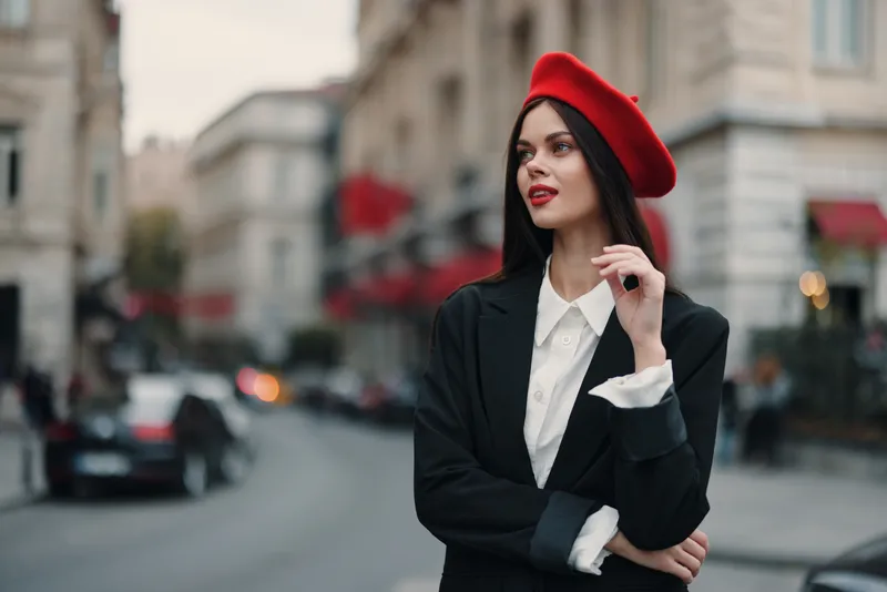 Портрет модной женщины, стоящей на улице на фоне города