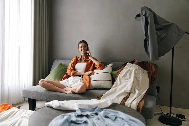 Стильная молодая женщина наслаждается моментом отдыха на диване в окружении разбросанной одежды, передавая суть современной моды и домашнего уюта в теплом, располагающем пространстве