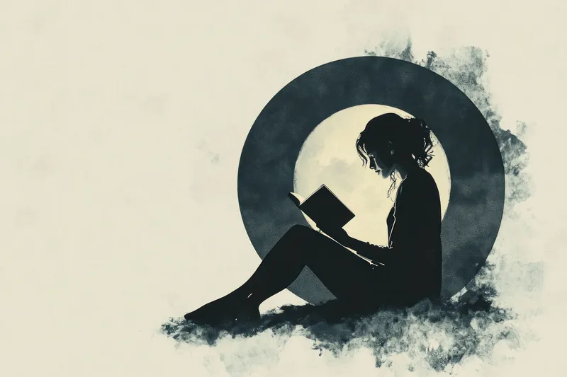 Безмятежный силуэт женщины, погруженной в книгу, на фоне лунного света, вызывающий чувства спокойствия и созерцания, идеально подходит для концепций отдыха и чтения