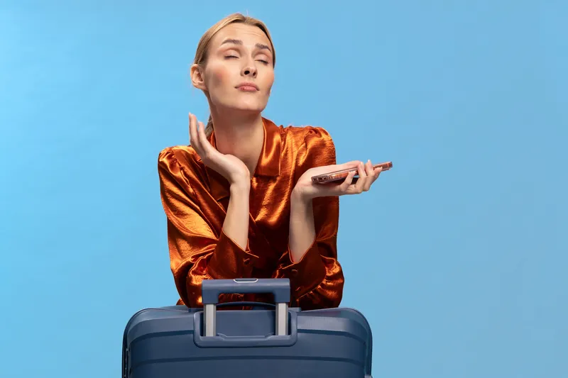 Blonde woman in shiny orange blouse holds passport and leans on blue suitcase with closed eyes. Concept for travel, vacation, and anticipation of journey with luggage and documents.