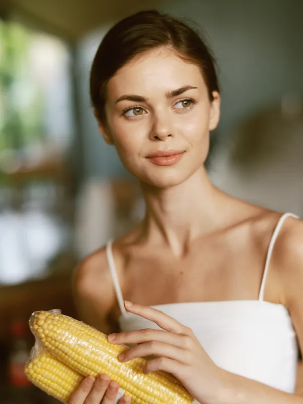 Улыбающаяся женщина ест кукурузный салат на залитой солнцем кухне, придерживаясь здорового образа жизни и наслаждаясь питательной едой