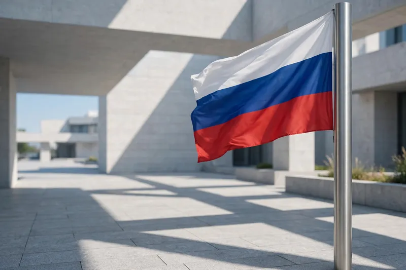 Российский флаг развевается на флагштоке у современного здания
